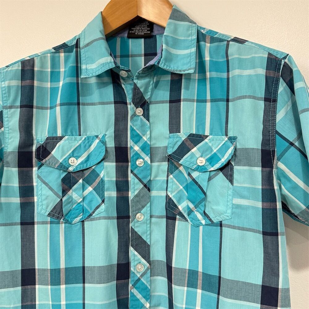 Southpole Mens Plaid Button Shirt L Blue Teal Short Sleeve Streetwear Casual - Picture 2 of 10